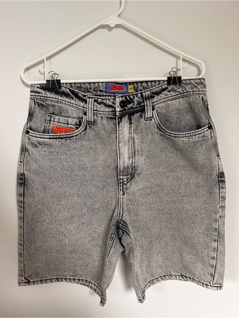 Empyre Grey Acid-Wash Denim Shorts with Logo